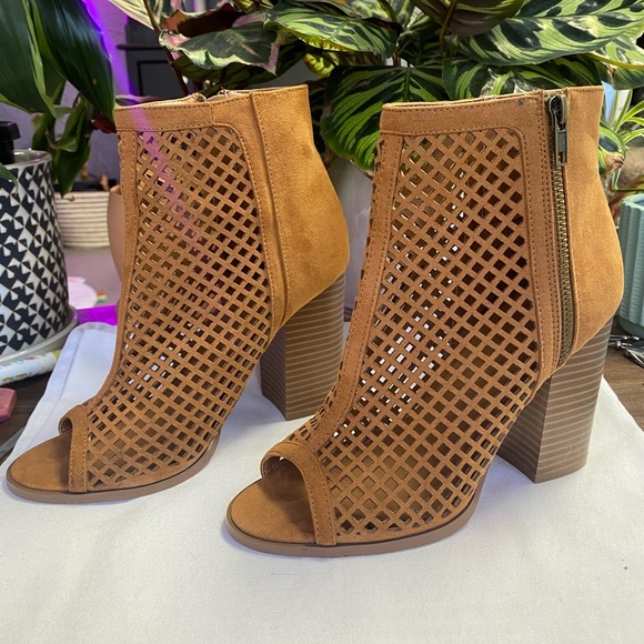 Charlotte Russe open toe brown faux suede mesh booties - Picture 3 of 8